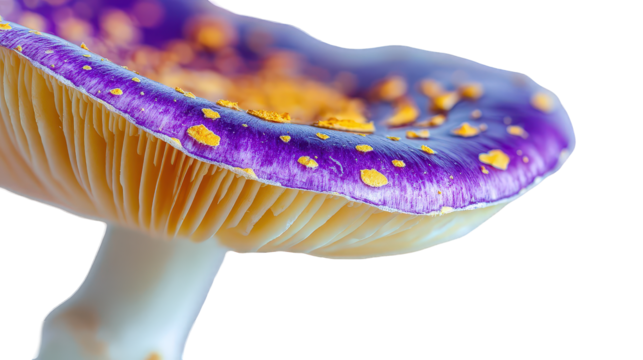 Closeup of a Vibrant Purple Mushroom with Gold Dots on a Transparent Background