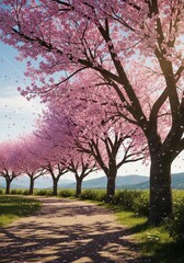 Enchanting cherry blossom pathway leading into a dreamy landscape scene
