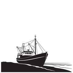 Black and White Fishing Trawler Boat Silhouette Illustration