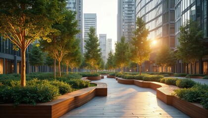 Modern cityscape features urban oasis with plants, innovative wooden seating. Tall glass buildings contrast with trees, bushes, clean pathway. Sunlight creates long shadows, offering serene morning