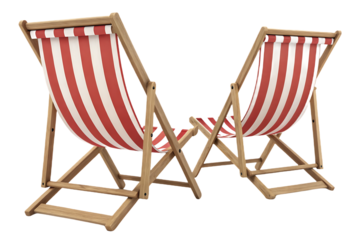 Two red and white striped deck chairs facing each other symmetrically, isolated on a transparent background