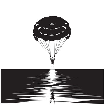 Silhouette of a Parachutist Descending Towards Reflective Water