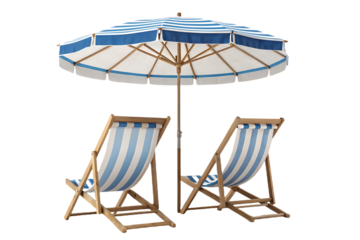 Two wooden deck chairs with blue and white striped fabric under matching umbrella, isolated on a transparent background