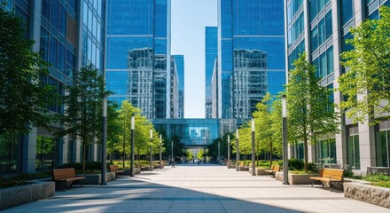 Urban path through modern buildings, benches, trees on bright day