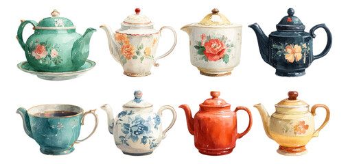 Vintage Teapots Collection on Transparent Background