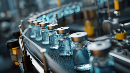 A close up view of vials filled with liquid on a conveyor belt in a pharmaceutical factory line
