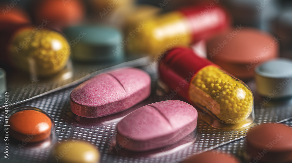 Poster close up shot of various colorful pills and capsules in a blister pack with shallow depth of field