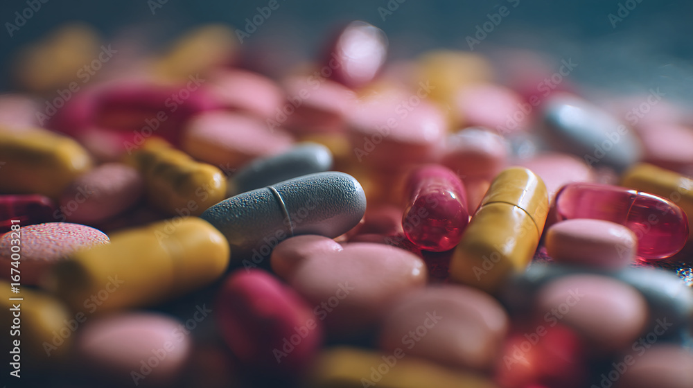 Poster a close up shot showing an assortment of colorful pills and capsules scattered randomly on a surface