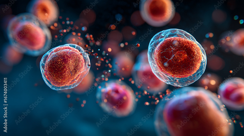 Aufkleber microscopic view of cells with red interiors and translucent outer layers floating in blue liquid