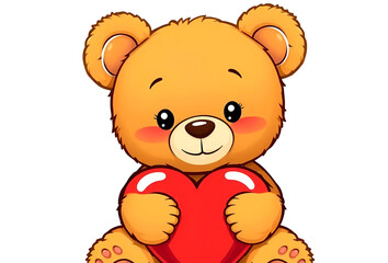 Obraz premium cute teddy sitting and holding a heart on white background, Generative AI