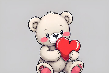 cute teddy sitting and holding a heart on white background, Generative AI