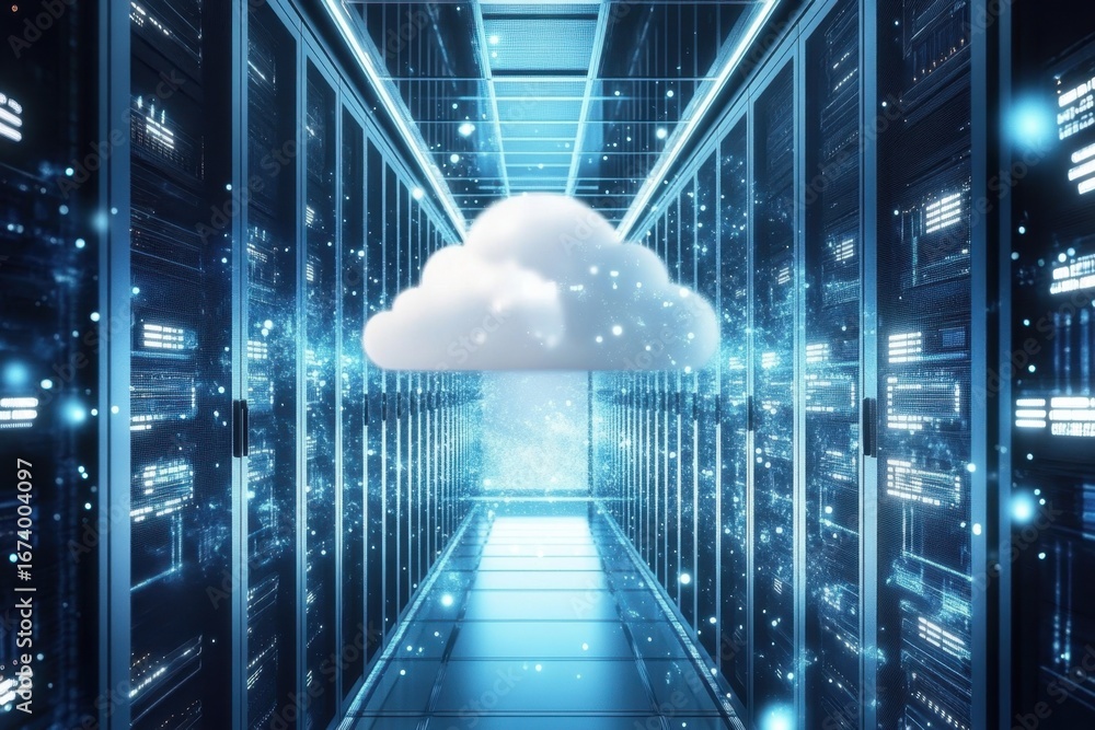 Aufkleber cloud computing network in a modern data center with glowing servers and digital effects