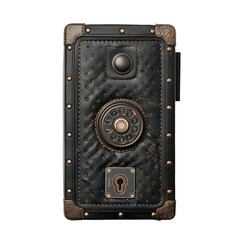 Fototapeta premium Intricately designed steampunk book cover with ornate metal accents and a central cogwheel isolated on transparent background