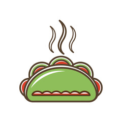 Stylized green taco with red and white filling and steam food mexican