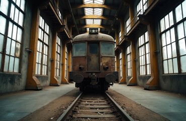 Old rusty train carriage rests on tracks inside industrial building. Large windows, skylights illuminate aging structure with yellow columns. Decay, history, industrial atmosphere define forgotten