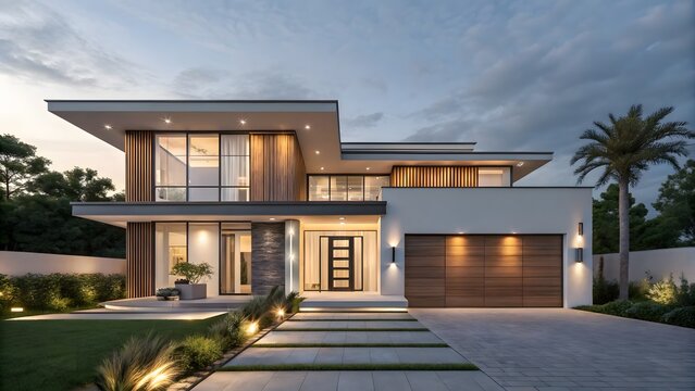Modern luxury residence with dramatic lighting and palm tree at dusk