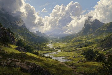 Lush Mountain Valley with Serpentine River and Dramatic Clouds.
