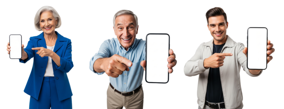 Group of people excitedly holding up phone screen and points at it, isolated on a white or transparent background