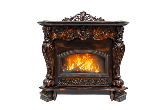 Ornate Wooden Fireplace with Burning Fire