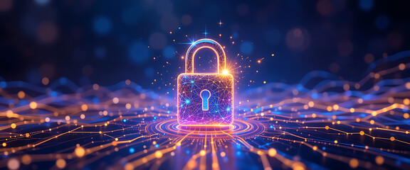 Abstract illustrated vector style cyber security protection system in Halloween theme shimmering particles glowing mate background, 3d golden purple and blue gradient glowing holographic bolt shape lo