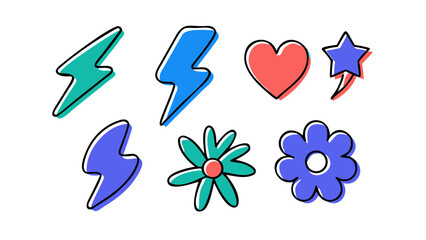 Colorful abstract shapes and symbols lightning bolt heart