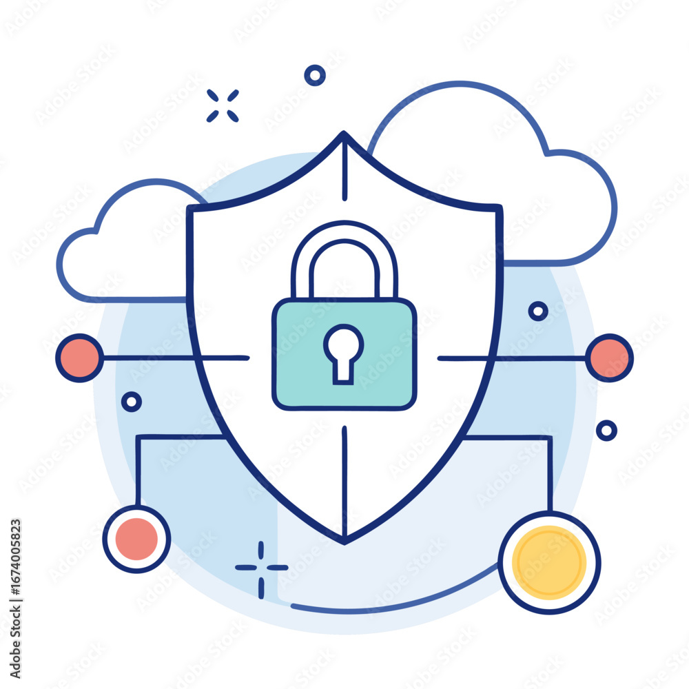 Poster digital security shield with padlock and cloud connection