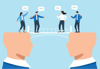 Business team on communication bridge of two heads concept effective collaboration transparency and understanding