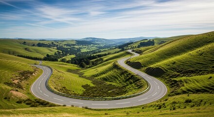 Fototapeta premium Winding road through green hills under a blue sky with whispy white clouds