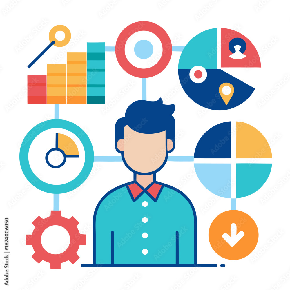 Poster man surrounded by business analytics and data visualization elements