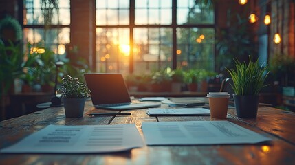 Desk with papers & a laptop under bright window light