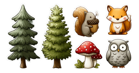 Fototapeta premium Cute Woodland Animals and Plants on Transparent Background