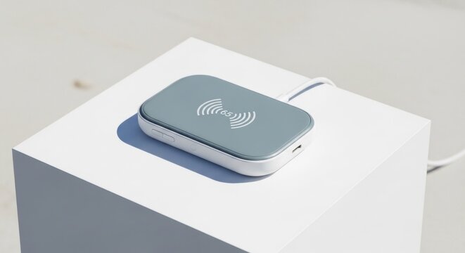 Wireless charger on white cube, minimalist