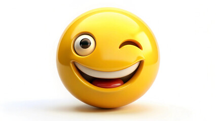 A winking yellow emoji with a smile and rosy cheeks on a plain background