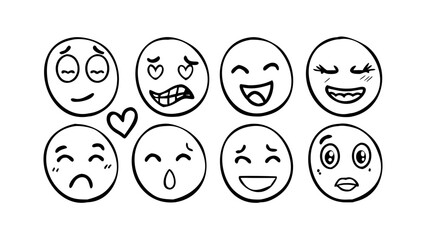 Hand drawn emoji faces with different expressions emotions happy