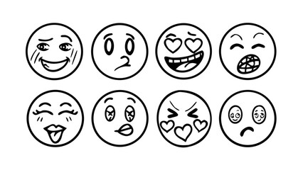 Hand drawn emoji faces with different expressions emotions