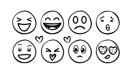 Hand drawn emoji faces with various expressions emotions happy