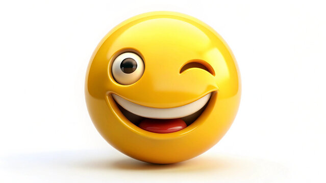 A winking yellow emoji with a smile and rosy cheeks on a plain background