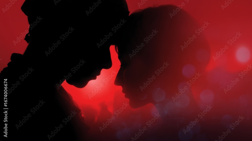 Poster this captivating image showcases two silhouettes close to each other. they are set against a soft re