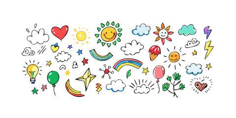 Cheerful doodle icons with weather and nature elements vector