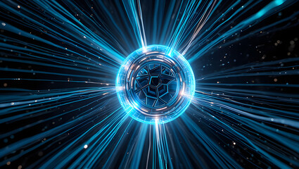 Abstract Futuristic Sphere: Glowing Blue Energy Rays, Dark Background, Sci-Fi Technology Concept
