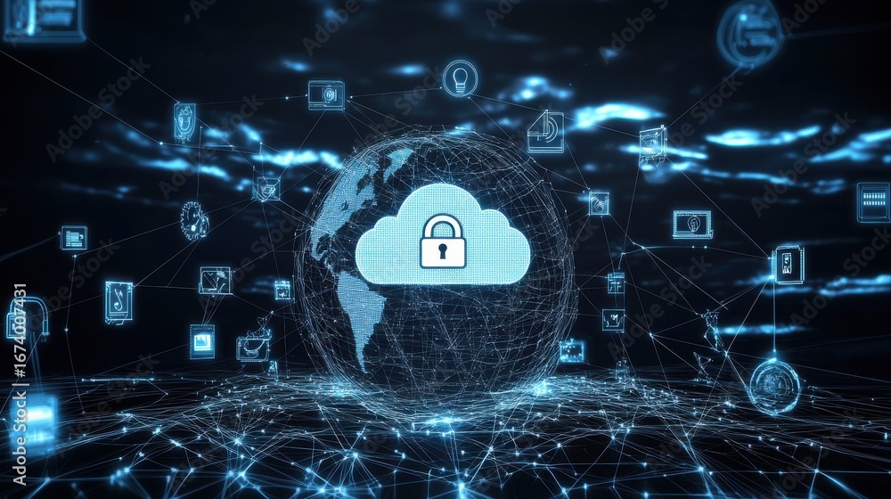 Aufkleber illust n of a secure digital infrastructure with a globe cloud computing and various interconnected 