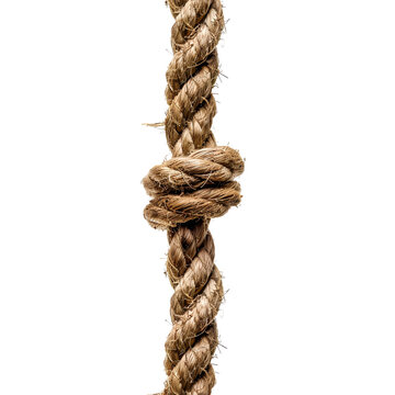 Close up detailed view of a thick brown weathered rope with a knot tied securely isolated on transparent background