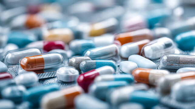 A close up shot of various colorful pills and capsules scattered across a reflective surface