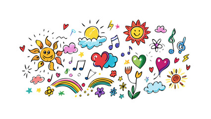 Cheerful doodle collection with suns hearts and rainbows drawing colorful