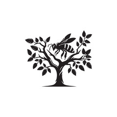 Black Bee Silhouette Vector Illustration, Solid White Background.