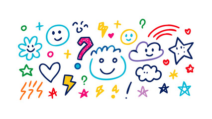 Colorful doodle icons with happy faces and stars clouds