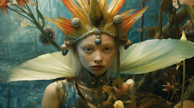 Fairytale character, a kikimora's day in a swamp with a pet frog.