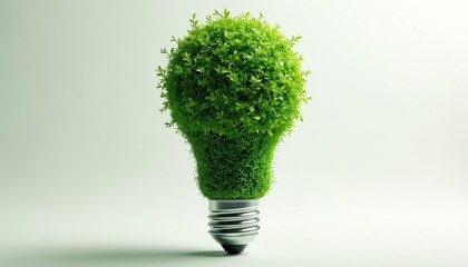 Green light bulb with lush green tree inside. Represents eco-friendly concept, organic growth and sustainable energy solutions. Ideal for environmental or innovation themes.