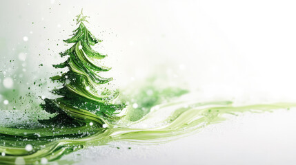 Green christmas tree with golden spheres floating around it on gray background, representing christmas spirit in an abstract and modern way