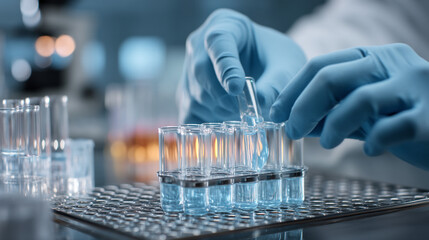 A gloved hand placing a test tube into a rack filled with blue liquid in a laboratory setting